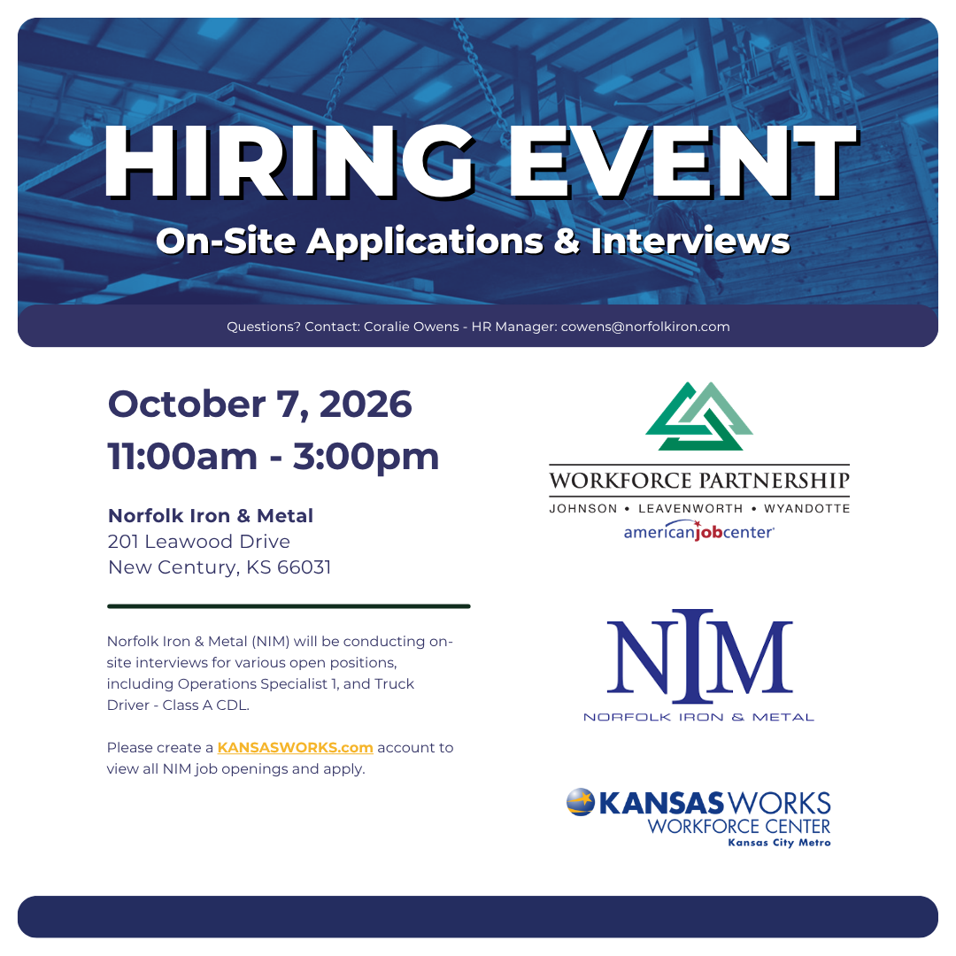 Norfolk Iron & Metal is hosting a hiring event on Wednesday, October 7, at 201 Leadwood Drive, New Century, KS!