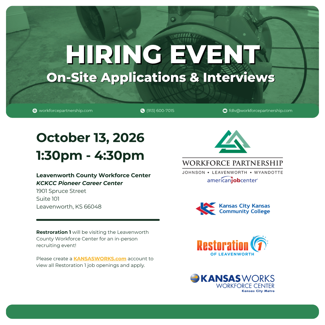 Restoration 1 is hosting a hiring event at the Leavenworth County Workforce Center on Tuesday, October 13.
