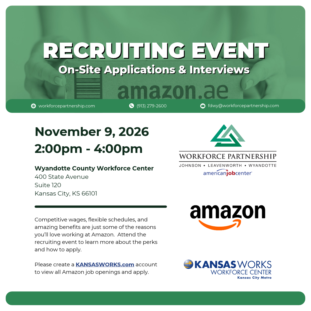 Amazon is hosting a hiring event on Monday, November 9, at the Wyandotte County Workforce Center.