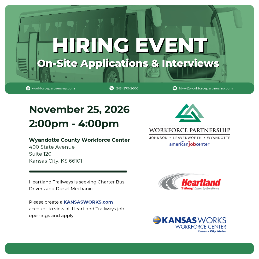 Heartland Trailways will host a hiring event on Wednesday, November 25, at the Wyandotte County Workforce Center.