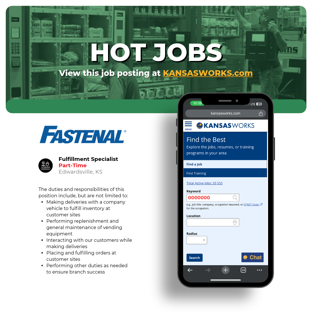 Fastenal is hosting a hiring event on Wednesday, November 18, at the Wyandotte County Workforce Center.