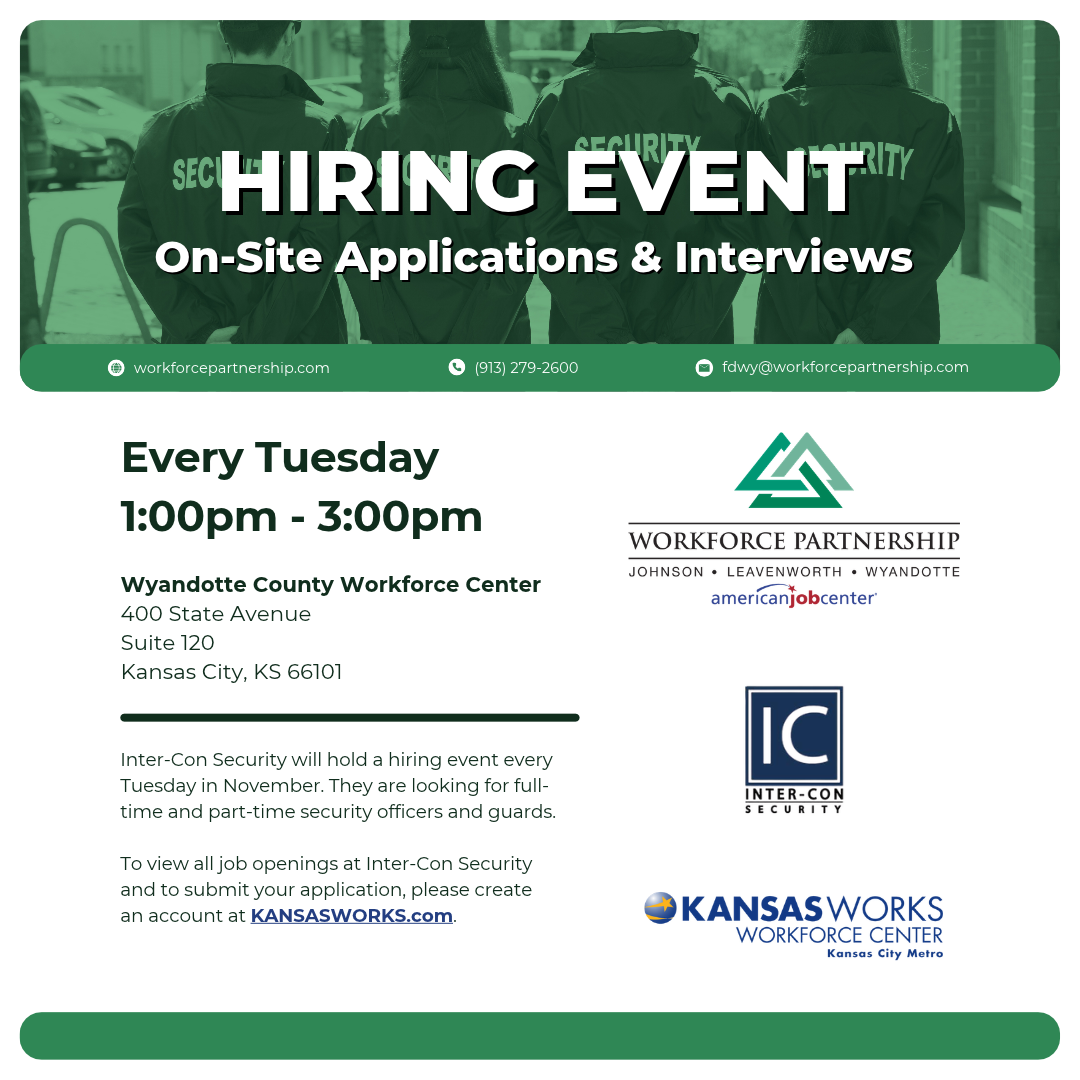 Inter-Con Security is holding a weekly hiring event at the Wyandotte County Workforce Center in November!