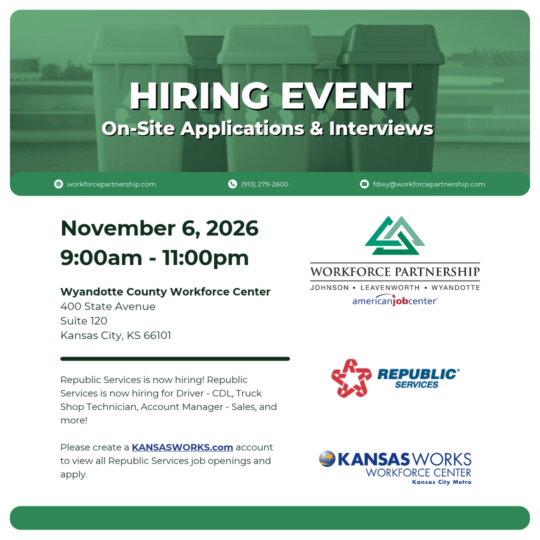 Republic Services is holding a hiring event on Friday, November 6, at the Wyandotte County Workforce Center!